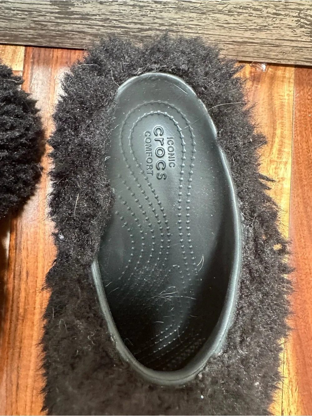 Black fluffy faux fur platform crocs 7